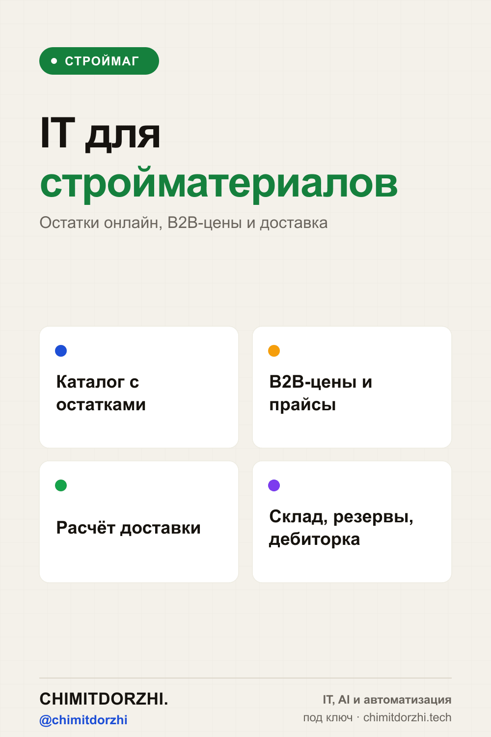 Инфографика: IT для магазина и базы стройматериалов 2027: остатки, B2B-цены, расчёт доставки
